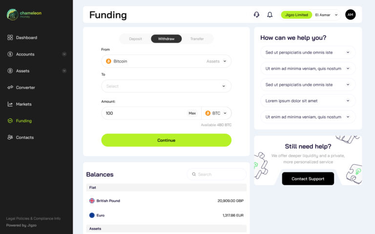Interface showing the process of funding a crypto wallet account with options for deposits and payment methods.