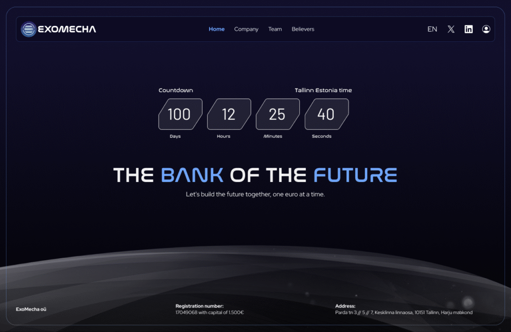 ExoMecha Neobank dashboard with unique space-themed UI for digital banking services located in France.