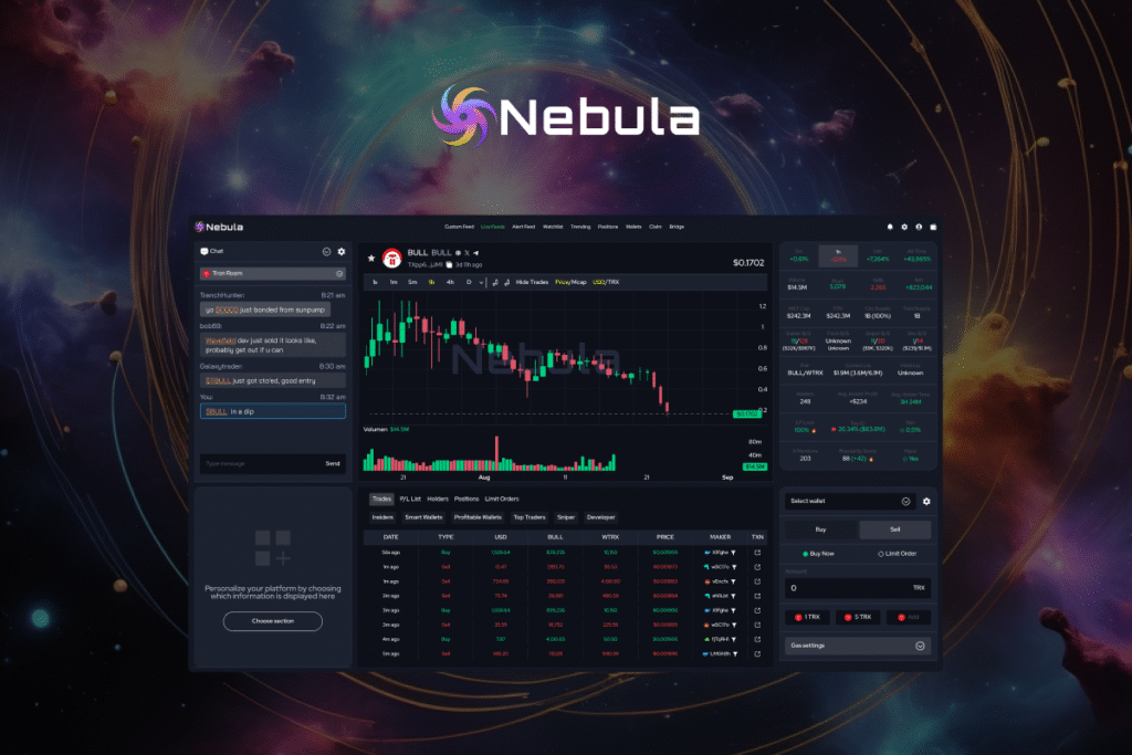 Nebula is a creative, user-friendly, social platform where you can browse coins, follow creators and celebrities to trade meme coins in Tron blockchain